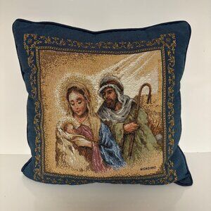 Holy Family Tapestry Pillow Christmas Nativity Mary Joseph Jesus 16"x16" USA